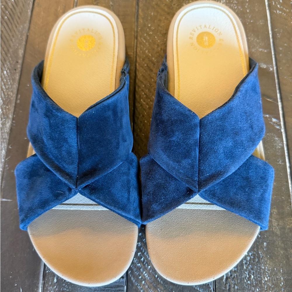 REVITALIGN Blue and Tan Suede Sandals Minimalist Comfort